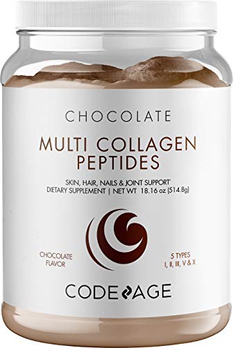 Codeage Multi Collagen Peptides Protein Powder, Chocolate Cocoa Shake - MCT Oil - 18 Amino Acids - 5 Types of Food Collagen - Hair, Skin, Nails - Hydrolyzed, Grass-Fed, Non-GMO, Keto, Paleo - 18.16 oz