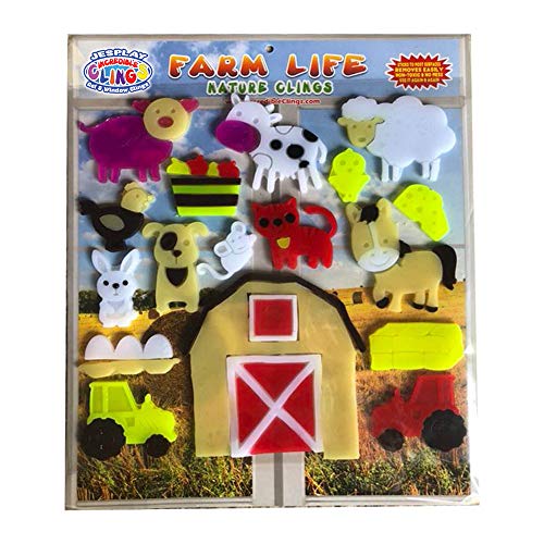 Book Cover JesPlay Farm Life Thick Gel Clings - CPSC Tested Safe Jelly Window Clings for Kids - Tractor, Farm House, Sheep, Horse and More Reusable Gel Decals