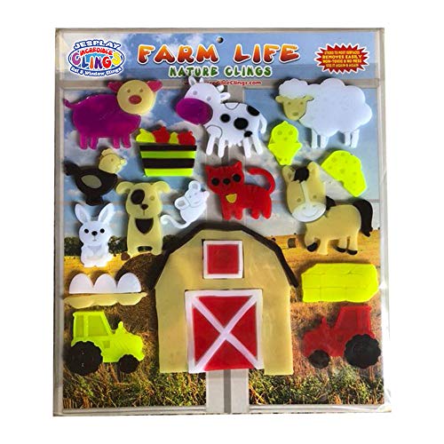 JesPlay Farm Life Thick Gel Clings - CPSC Tested Safe Jelly Window Clings for Kids - Tractor, Farm House, Sheep, Horse and More Reusable Gel Decals
