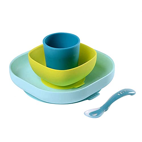 Book Cover BEABA Silicone 4-Piece Meal Set - Easy to Clean - Dishwasher and Microwave Safe - Soft, Unbreakable, Non-Slip Suction Bottom - Includes Plate, Bowl, Cup and 2nd Stage Silicone Spoon (Peacock)