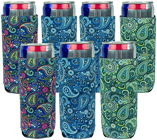 Neoprene Slim Can Sleeves - Pack of 7 Paisley coolies - Fit 12 oz Energy Drink & Beer Slim Cans (7, Paisley)