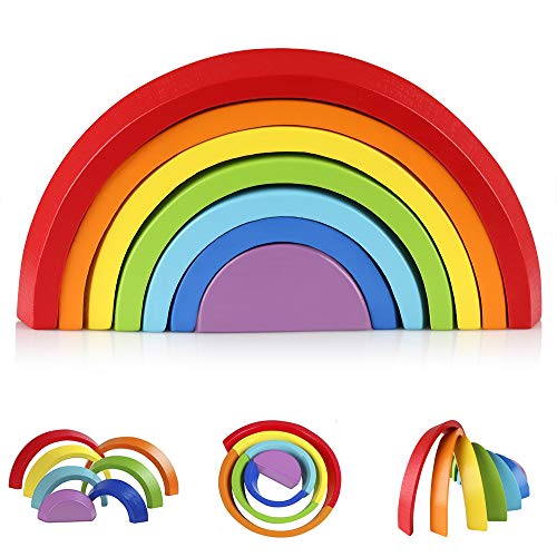 Coogam Wooden Rainbow Stacker Nesting Puzzle Blocks - Tunnel Stacking Game Building Creative Color Shape Matching Jigsaw Learning Toy Set Board Early Development Gift for Kids Boy Girl Toddler