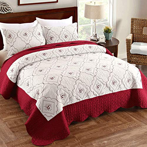 Quilt Bedspreads King Size Coverlet,Embroidered Quilts King Reversible Lightweight Floral Bed Spread Burgundy&White,3 Piece(1 Quilt + 2 Pillow Shams)