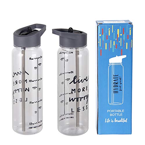 WELTRXE Motivational Workout Sports Water Bottle with Time Marker,Measuring H2O Intake,24oz Straw Drinking Bottle Reminder,Leak Proof,Tritan BPA Free,Non-Toxic For Fitness To-Go Travel At Home
