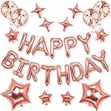 Happy Birthday Balloon, Rose Gold Happy Birthday Decorations, 16 Inches Inflatable Mylar Foil Reusable Letter Happy Birthday Banner with Stars Balloons for Girls Boys Women Men Birthday Decorations