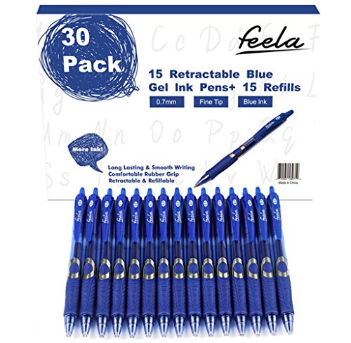 Feela 30 Pack Retractable Blue Ink Gel Pens Set Medium Point 15 Piece Fine Point Gel Pen with 15 Refills for Smooth Writing
