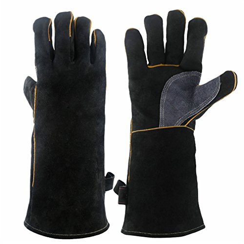 CCBETTER 16 Inches Forge Welding & BBQ Leather Gloves, 932°F Extreme Heat/Fire Resistant with Long Sleeve for Grill/Forge/Fireplace/Tig Welder/Mig Welding/Gardening Gloves(Black)