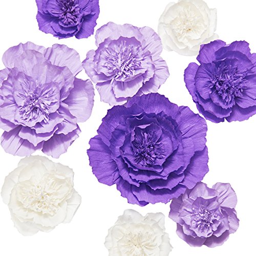 Book Cover Ling's moment Paper Flower Decorations Set of 9(12''-8'' Assorted), Large Crepe Paper Flowers, Handcrafted Purple & Cream Flowers for Wall, Wedding, Nursery, Bridal Shower, Photo Backdrop, Centerpiece