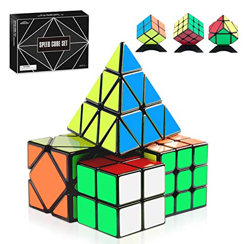 Book Cover Monilon Speed Cube Set, [4 Pack] Kids Toys Magic Cube Bundle Smooth Brain Teaser Puzzles 2X2 3X3 Pyramid Skewb Pack, Gifts Toys for Kids Boys Girls Adults Ages 6 7 8 9 10 11 12 + Years Old