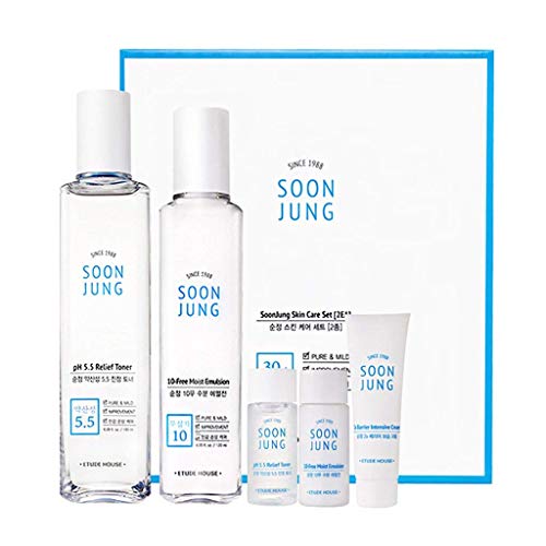 ETUDE HOUSE Soonjung Skin Care 2 Set (Free Toner + Emulsion + Cream) - Hypoallergenic Skin Soothing and Moisturizing Skincare for Sensitive Skin