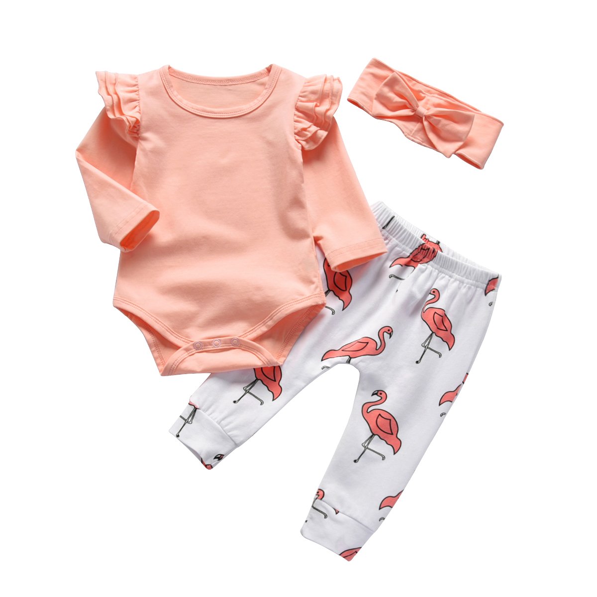 Baby Girl Pink Ruffle Long Sleeve Bodysuit Tops Flamingo Pants and Headband 3Pcs Outfits Set (0-6 Months)