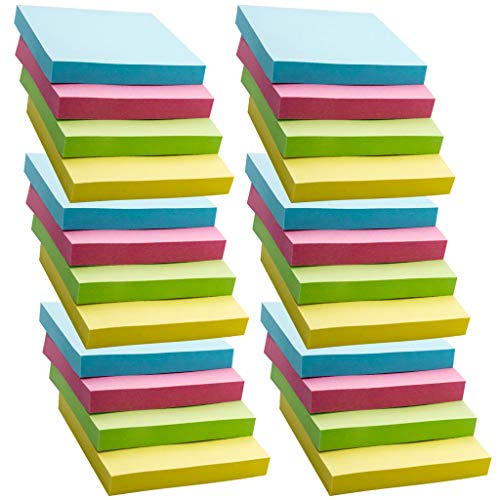 24 Pads Self-Stick Notes, 100 Sheets/Pad, Sticky Notes 3x3 inch with Assorted Colors, Post Notes for Study, Works, Daily Life
