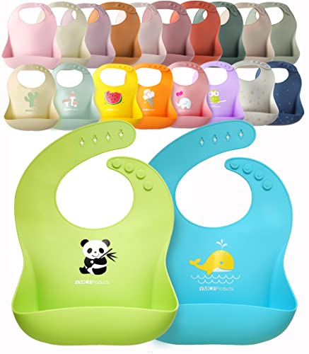 YMCF Products 2-Pack Waterproof Silicone Baby Bib Lightweight Comfortable Easy-Wipe Clean (Green/Blue, Small)