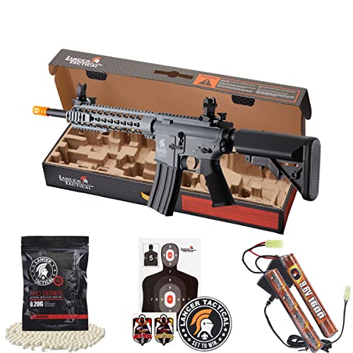 Lancer Tactical Gen 2 Airsoft M4 Carbine 10" Electric Full/Semi-Auto Airsoft AEG Rifle, Included 6mm 0.20g BBS, Battery, Charger, and Hi-Cap/Mid Cap (Gray Polymer w/ 300 Rounds Mag)