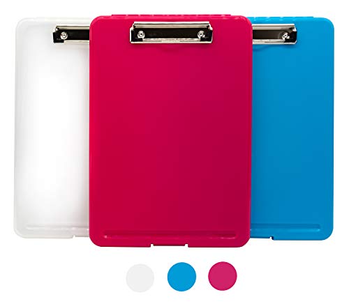 3PC Letter Size Plastic Storage Clipboard with Built-in Pen Holder, Fuschia, Clear, Sky Blue a Set
