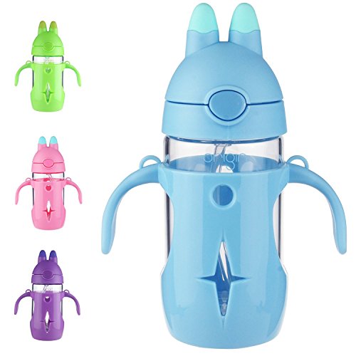 ORIGIN Best Kids BPA-Free Glass Water Bottle for Boys, Girls, and Toddler | Leak-Proof Flip Cap Lid | Protective Plastic Bunny Rabbit Sippy Cup Body with Handles, Silicone Straw | 10 Oz (Berry Blue)