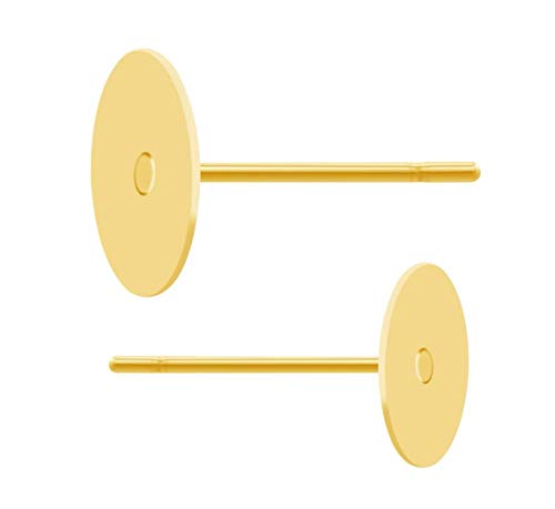 Adabele 200pcs Hypoallergenic Earring Posts Gold Plated Brass Stud Earrings 6mm Flat Board Glue On Setting with Earnut Backs CF222-6