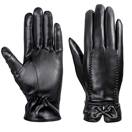 Leather Gloves Women, MEZETIHE Woman Winter Waterproof Leather Gloves for Driving Texting Touch Screen Gloves