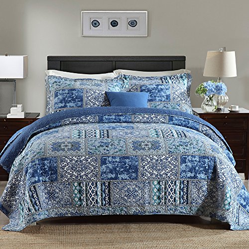 Book Cover NEWLAKE Cotton Bedspread Quilt Sets-Reversible Patchwork Coverlet Set, Blue Classic Bohemian Pattern,Queen Size
