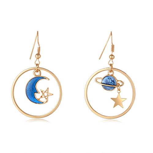 SUNSCSC Enamel Moon Star Earth Planet Drop Hook Earrings Long Pendant Dangle Jewelry for Woman Girls (Short W756)