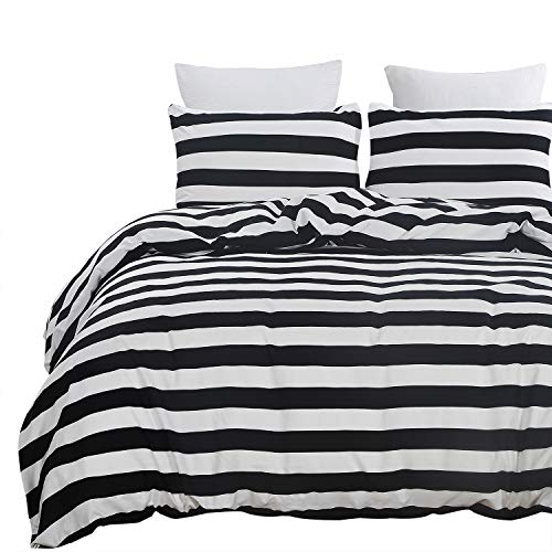 Vaulia Microfiber Duvet Cover Set, White and Black Stripe Printed Pattern - Queen Size