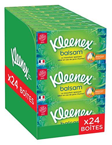 Kleenex Balsam - Boites de Mouchoirs en Papier 3 en 1 (Calendula, Vitamine E, Aloe Vera) - Pack de 24