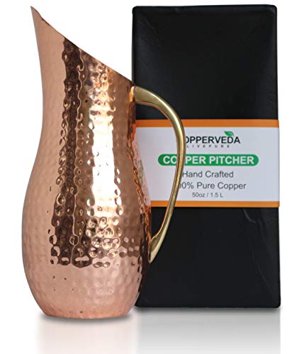 Book Cover COPPERVEDA Copper Pitcher, Moscow Mule Cocktails Serving Jug-Health Water Ayurveda no Liner Inside 100% Pure Handmade 50oz(1.5L) Solid Hammered Heavy Gauge with Brass Handle Comes in Gift Box