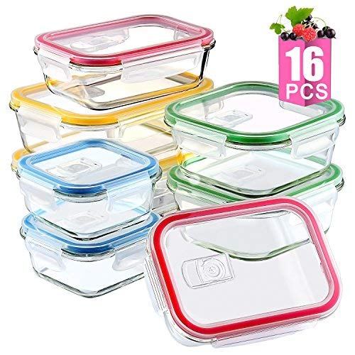 Glass Meal Prep Containers Set with Lids for Lunch Food Storage 16 Pieces Glass Lunch Containers