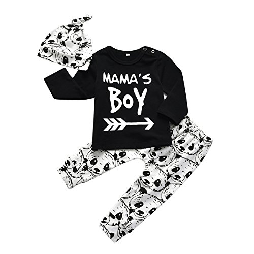 Book Cover Bimarket Baby Boy 3Pcs Clothes Set Mama's Boy Long Sleeve T-Shirt Tops Cartoon Panda Pants and Hat (0-6 Months) Black,White