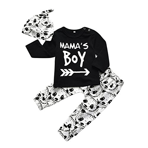 Bimarket Baby Boy 3Pcs Clothes Set Mama's Boy Long Sleeve T-Shirt Tops Cartoon Panda Pants and Hat (0-6 Months) Black,White
