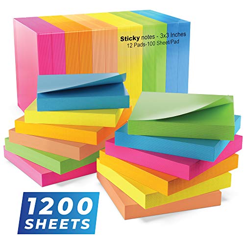 Sticky Notes 3x3, Bright Colorful Stickies, 12 Pads 1200 Sheets Total, Strong Self-Stick Notes, 6 Colors (Yellow, Green, Blue, Orange, Pink, Rose)