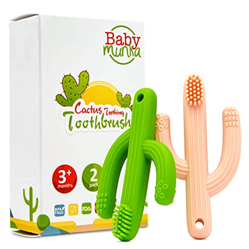 Book Cover Baby Munka Cactus Infant Teether Soft Baby Training Toothbrush Silicone Flexible (2-Pack) 1-Green 1-Peach 100% BPA-Free