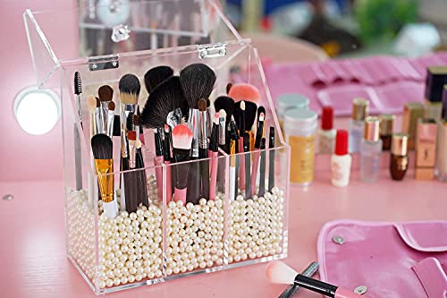 Lpteso Newslly Clear Acrylic Makeup Organizer with 3 Brush Holder Compartment and Dustproof Lid, Cosmetic Brush Storage Box with White Pearls, for Bathroom Bedroom Vanity Countertop.