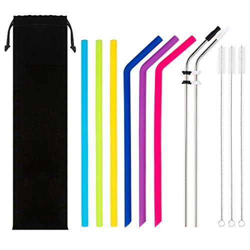 10.5" Stainless Steel Straws & Silicone Straws - Reusable Straws for 30oz Yeti,RTIC Tumbler - 2 Stainless Steel Straws with Silicone Tips,Silencers + 6 Extra Wide Silicone Straws + 3 Cleaning Brushes