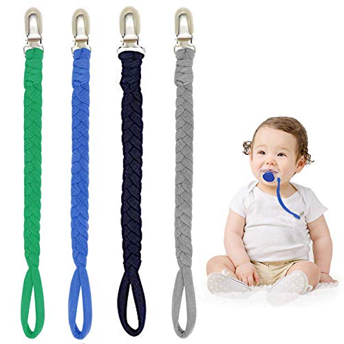 Book Cover Pacifier Clip for Boys and Girls - 4 Pcs Pacifier Holder Leash, Soft Braided Ropes 100% Handmade Fits All Pacifiers, Modern Unisex Baby Shower Gift Binky Holder(Green/Jewel Blue/Navy Blue/Gray)