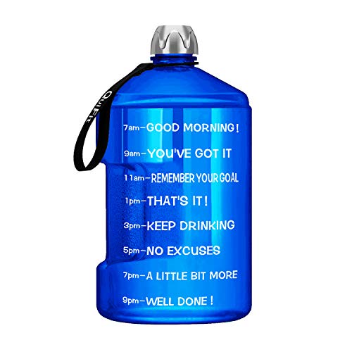 QuiFit 1 Gallon Sports Water Bottle with Motivational Time Marker BPA Free Leak Proof and Durable 128/73/43 oz Large Capacity to Ensure You Drink Enough Water Throughout The Day(128oz Hot Blue)