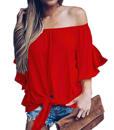 LuckyMore Off The Shoulder Tops Women Summer 3/4 Bell Sleeve Tie Knot Boho Shirt Blouses