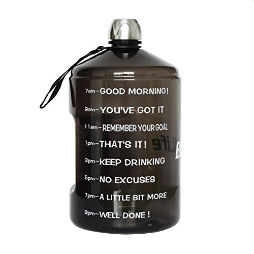 QuiFit Motivational Gallon Water Bottle - with Time Marker & Handle BPA Free Reusable Sports Water Jug Helps You Drink More Water(Black,1 Gallon)