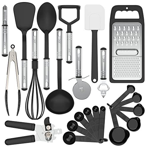 Lux Decor Collection Utensils Set - 23 Pieces Nylon and Stainless Steel Black Kitchen Utensils - Non-Stick and Heat Resistant Cooking Utensils Set - Useful Kitchen Gadgets Cookware Set