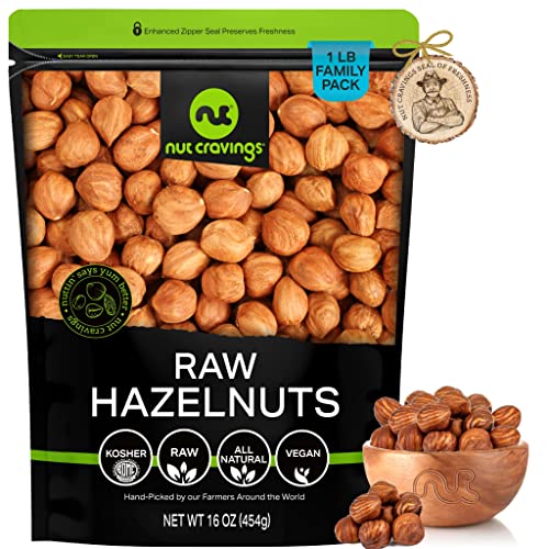 Book Cover Nut Cravings - Raw Hazelnuts Filberts with Skin, Unsalted, Shelled, Superior to Organic (16oz - 1 LB) Bulk Nuts Packed Fresh in Resealable Bag - Healthy Protein Snack, All Natural, Keto, Vegan, Kosher