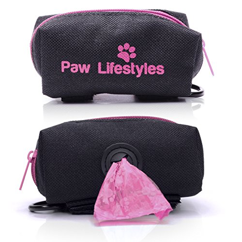 Paw Lifestyles Dog Poop Bag Holder Leash Attachment - Fits Any Dog Leash - Includes Free Roll Of Dog Bags – Poop Bag Dispenser (Black and Magenta)
