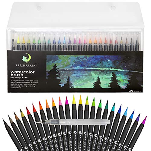 Book Cover Art Mastery Watercolor Brush Pens for Drawing Calligraphy Painting Coloring - 24 Pack Multi Color Pens and 1 Blending Water Brush for Adults and Kids Beginner to Professional Artists 100% Non Toxic and Washable