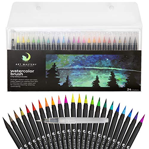 Art Mastery Watercolor Brush Pens for Drawing Calligraphy Painting Coloring - 24 Pack Multi Color Pens and 1 Blending Water Brush for Adults and Kids Beginner to Professional Artists 100% Non Toxic and Washable