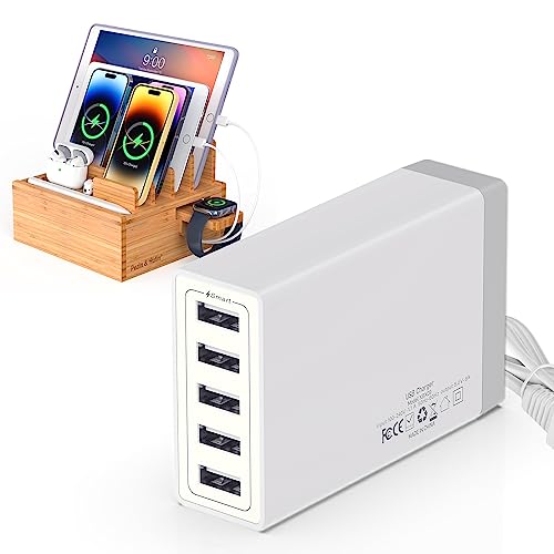 Pezin & Hulin Desktop USB Charging Station with Bamboo Charging Station, Desktop Charger Block, Compatible with Tablet, Cell Phone, Earbuds, Smartwatch