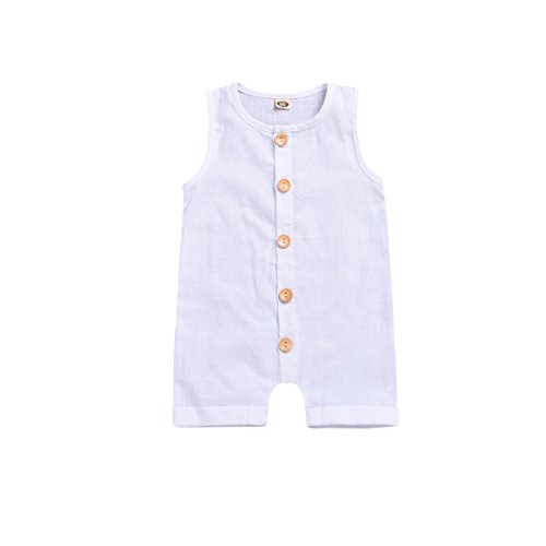 XiaoReddou Baby Solid White Rompers with Button Kids Sleeveless Playsuit Jumpsuits One-Piece Pants Cotton Clothing (White, 18-24 Months)
