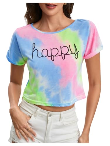 SweatyRocks Women's Tie Dye Crop Tops Crewneck Short Sleeve Letter Print T Shirt Streetwear Tie Dye X-Small