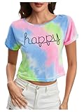 SweatyRocks Women's Tie Dye Crop Tops Crewneck Short Sleeve Letter Print T Shirt Streetwear Tie Dye X-Small