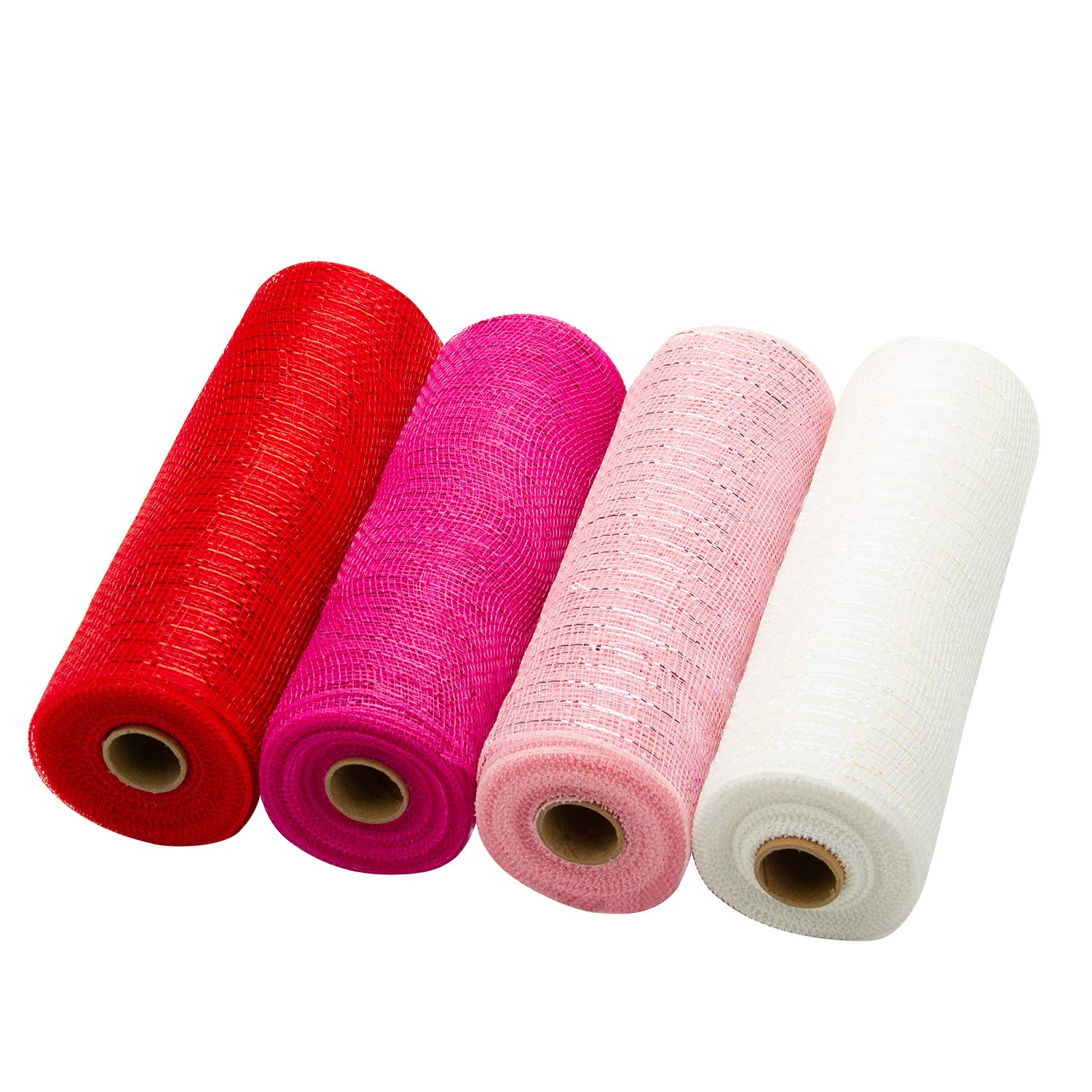 LaRibbons Deco Mesh Poly Ribbon - 10 inch x 30 feet Each Roll - Metallic Foil Red and Green Rolls for Wreaths, Swags and Decorating - 4 Pack