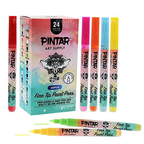 PINTAR Premium Acrylic Paint Pens - (24-Pack) Fine Tip Pens For Rock Painting, Ceramic Glass, Wood, Paper, Fabric & Porcelain, Water Resistant Paint Set, Surface Pen, Craft Supplies, DIY project
