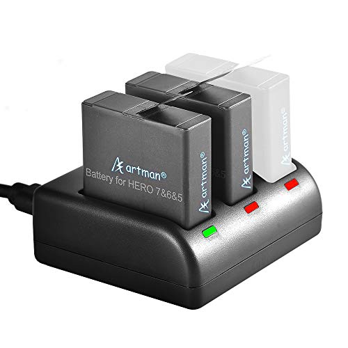 Artman GoPro Hero 5/6/7 1480mah Replacement Batteries (2 Pack) and 3-Channel LED USB Charger for GoPro Hero 5 Black, AHDBT-501, AHBBP-501,HERO(2018),HERO 6,Hero 7 Black(Fully Compatible with Original)